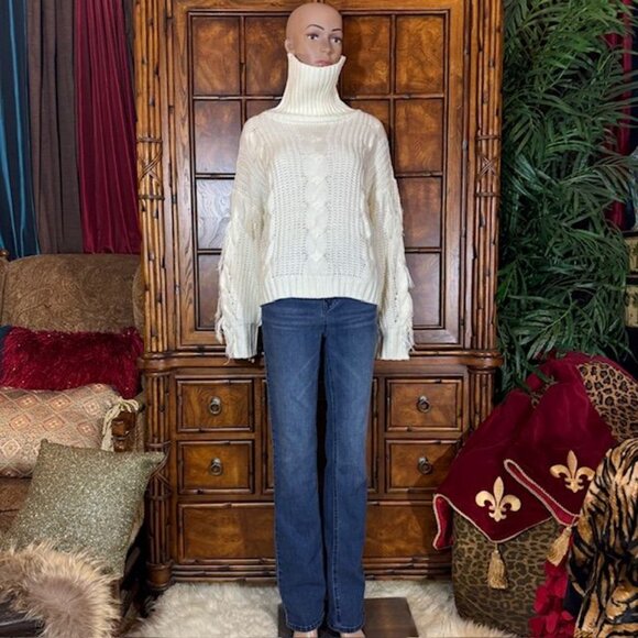 Connoto Ivory Cable Knit Fringe Sleeve Ribbed Turtleneck Sweater - Picture 5 of 16
